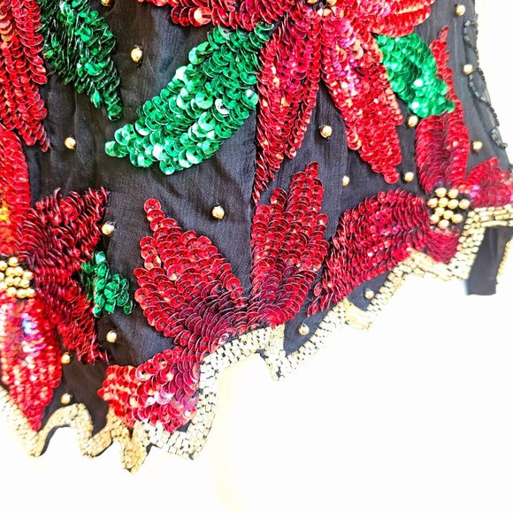 Vtg SCALA Silk Sequin Beaded Christmas Poinsettia Short Sleeve Top EXCELLENT - Picture 7 of 16